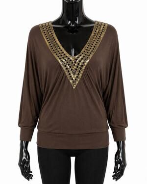 OVI Unique Brown Gold Sequin V-Neck Dolman Sleeve Top Rayon USA Women’s M